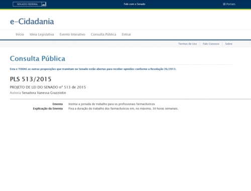 Senado consulta população sobre projeto de Lei que visa garantir melhores condições de trabalho para farmacêuticos