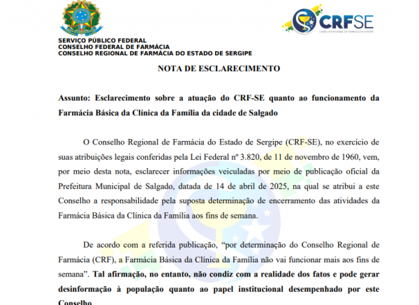 CRF/SE emite nota de esclarecimento sobre atuação quanto ao funcionamento da Farmácia Básica da Clínica da Família em Salgado