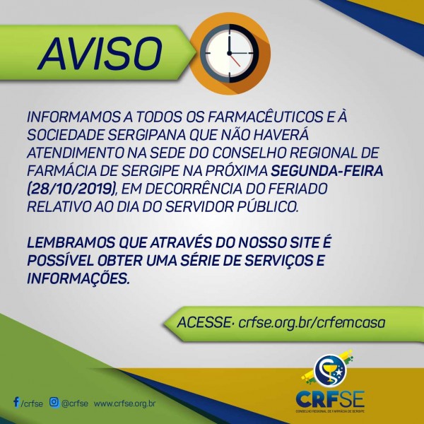 SEDE DO CRF/SE NÃO FUNCIONARÁ NESTA SEGUNDA-FEIRA