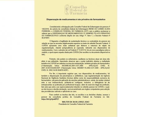 DISPENSAÇÃO DE MEDICAMENTOS É ATO PRIVATIVO DO FARMACÊUTICO